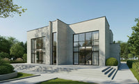Modern house with large windows and a clear blue sky