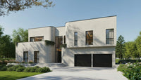Exterior view of CONTOURA contemporary house plan with stacked box volumes and material restraint by Arcus Dein