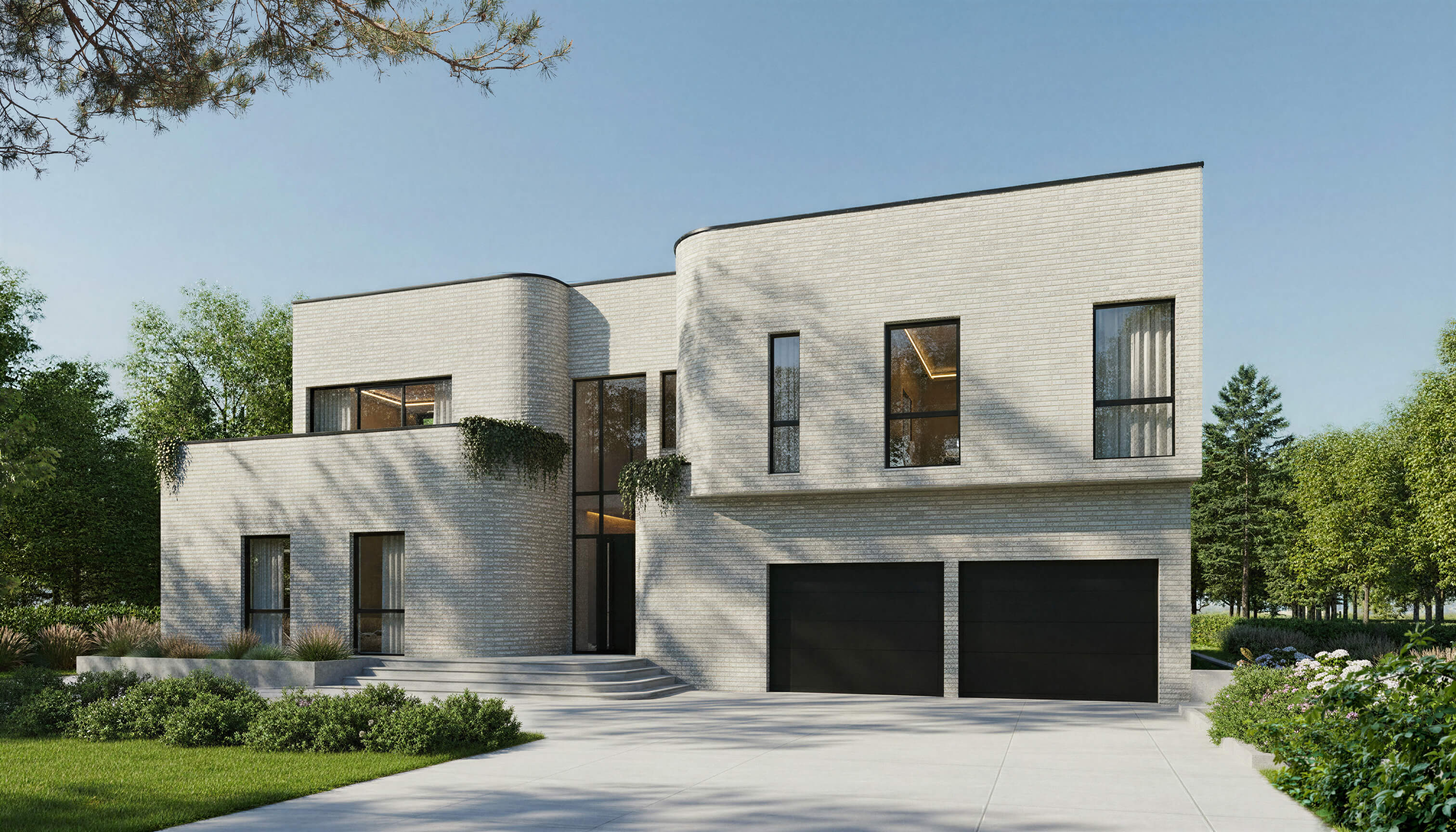 Exterior view of CONTOURA contemporary house plan with stacked box volumes and material restraint by Arcus Dein