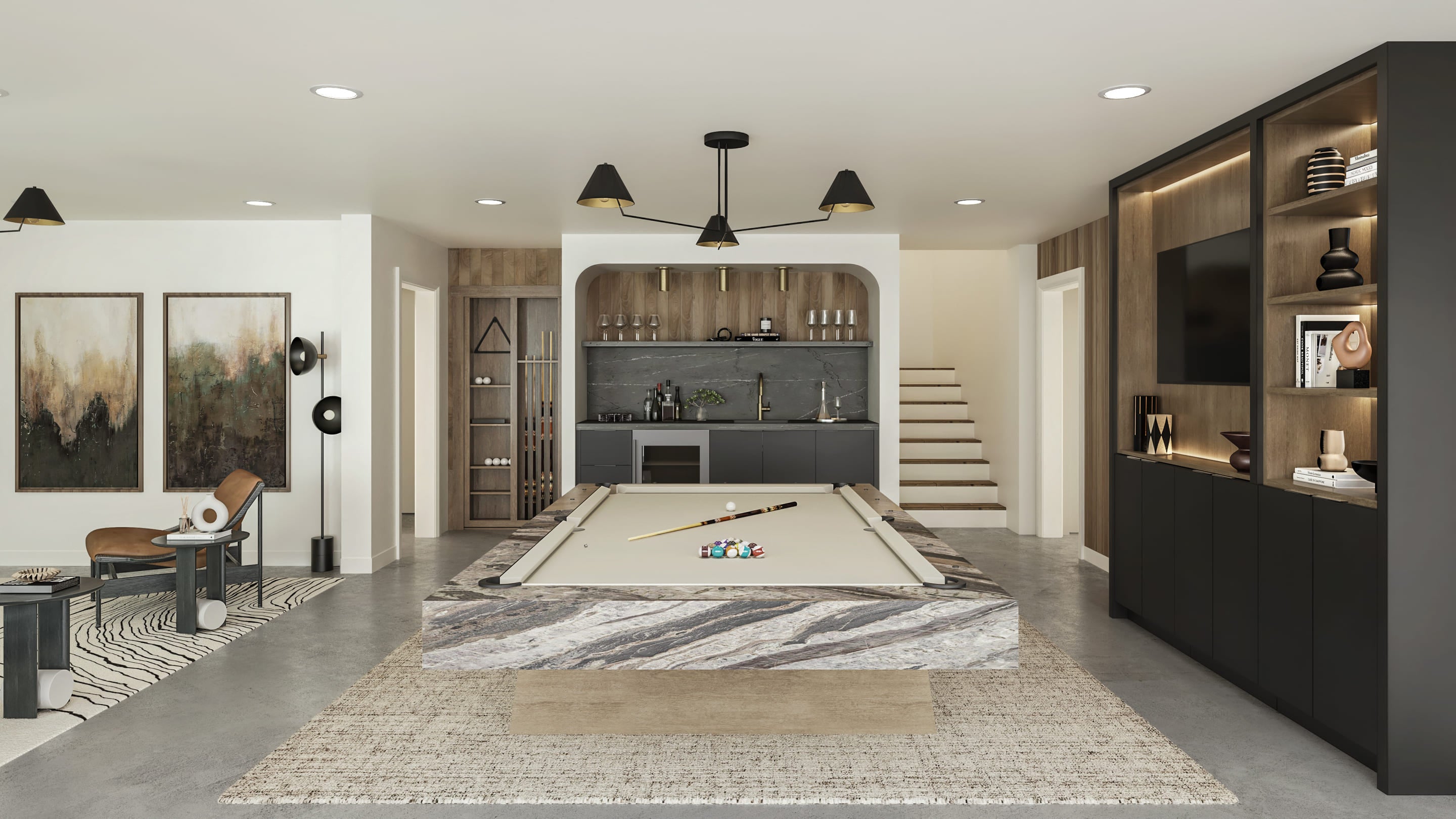 Modern living room with a pool table, shelves, and decorative elements.