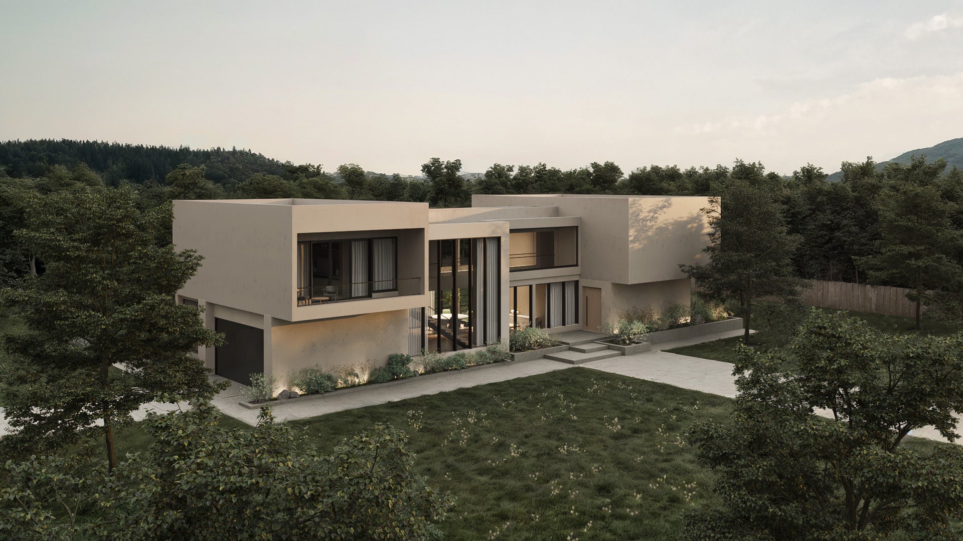 Modern house surrounded by trees with a clear sky