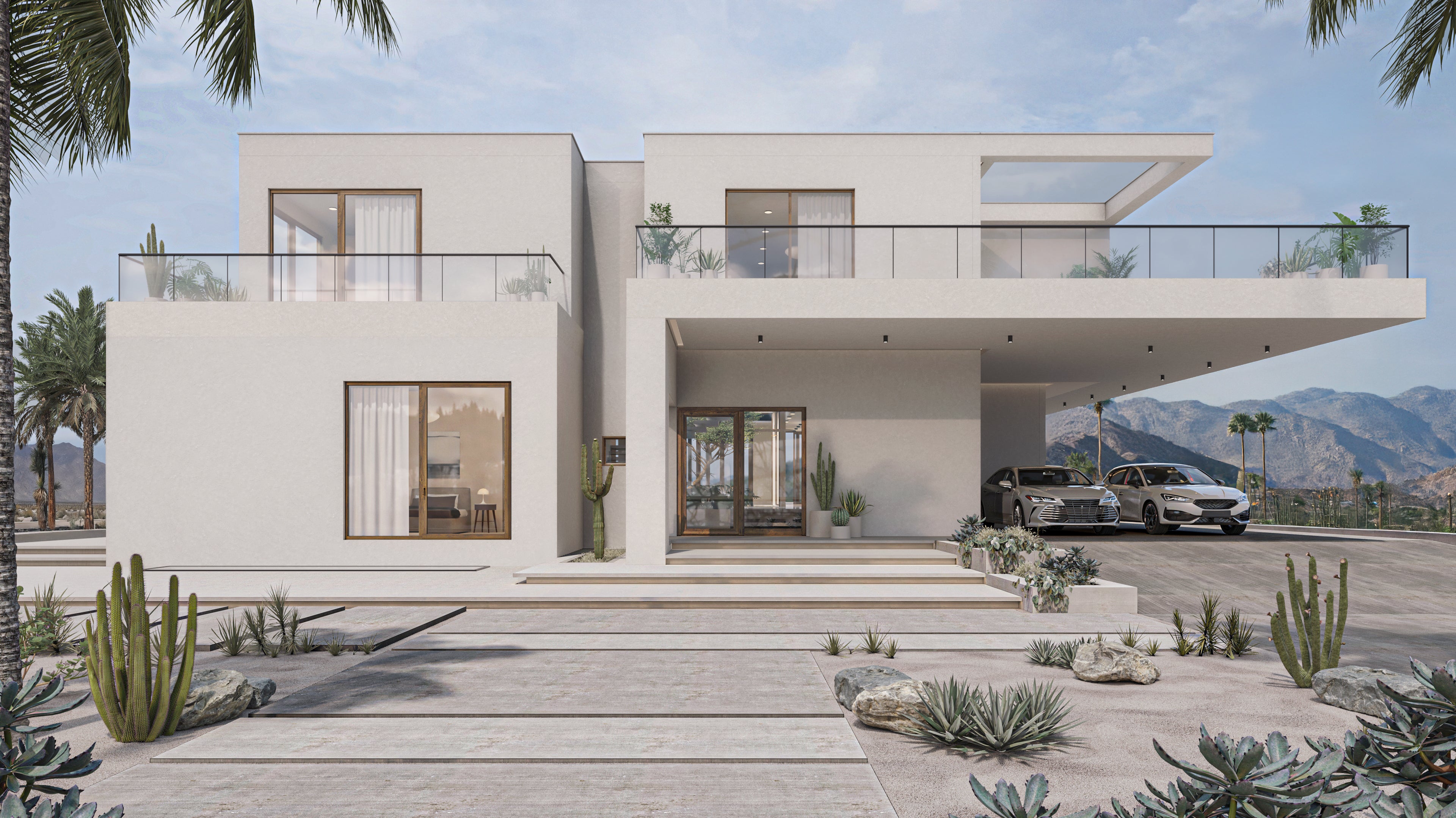 Modern house with a car parked in front, surrounded by cacti and palm trees.