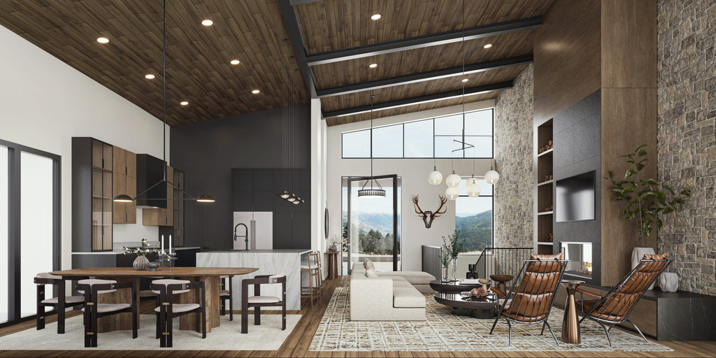 Modern living room with wooden ceiling, large windows, and stylish furniture.