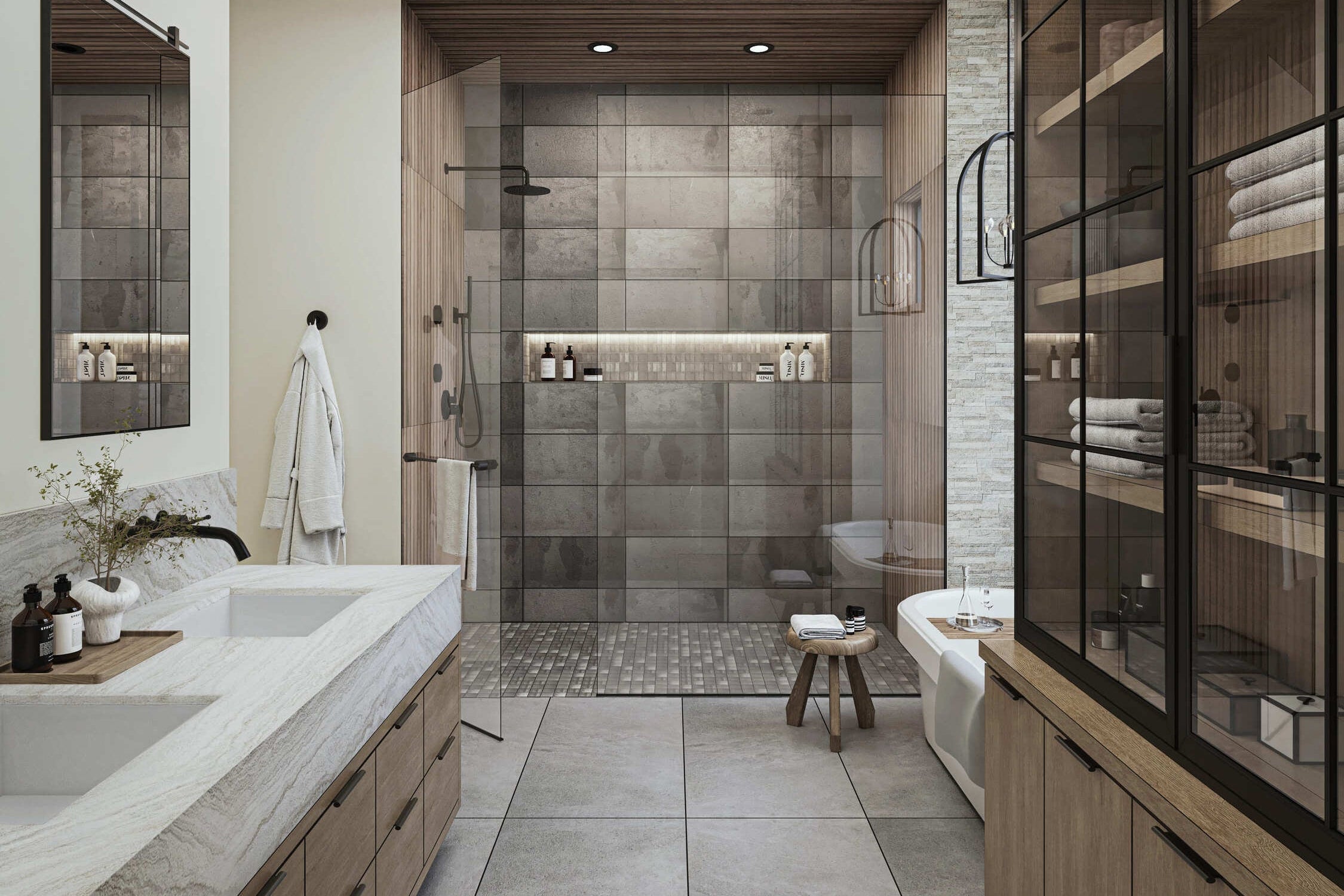 Modern bathroom with wooden cabinets, marble countertop, and shower area.
