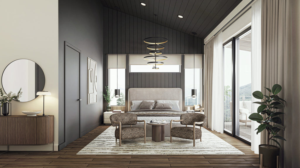 Modern living room with gray sofa, chairs, and decorative elements.